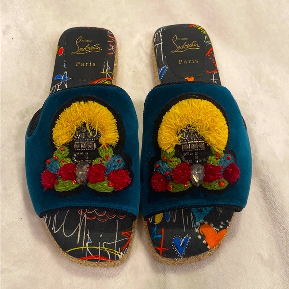 Christian Louboutin Teal Embroidered Women´s Slides
